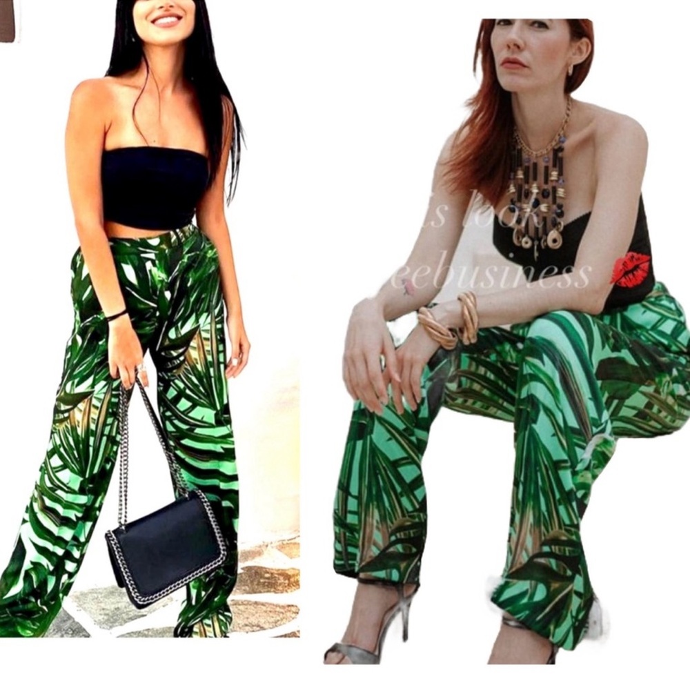 Zara Green Leaf Print Wide Leg Pants